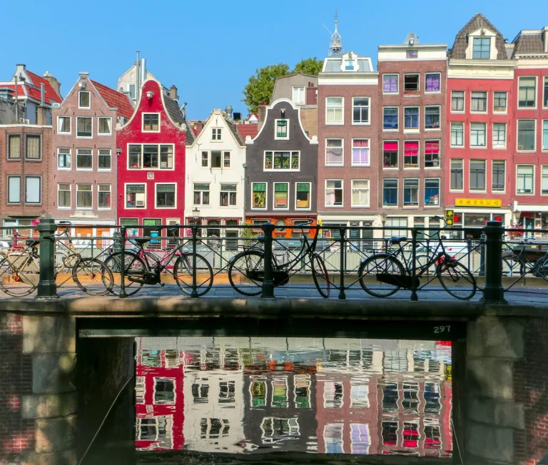 Bikes on a bridge in Amsterdam, Netherlands